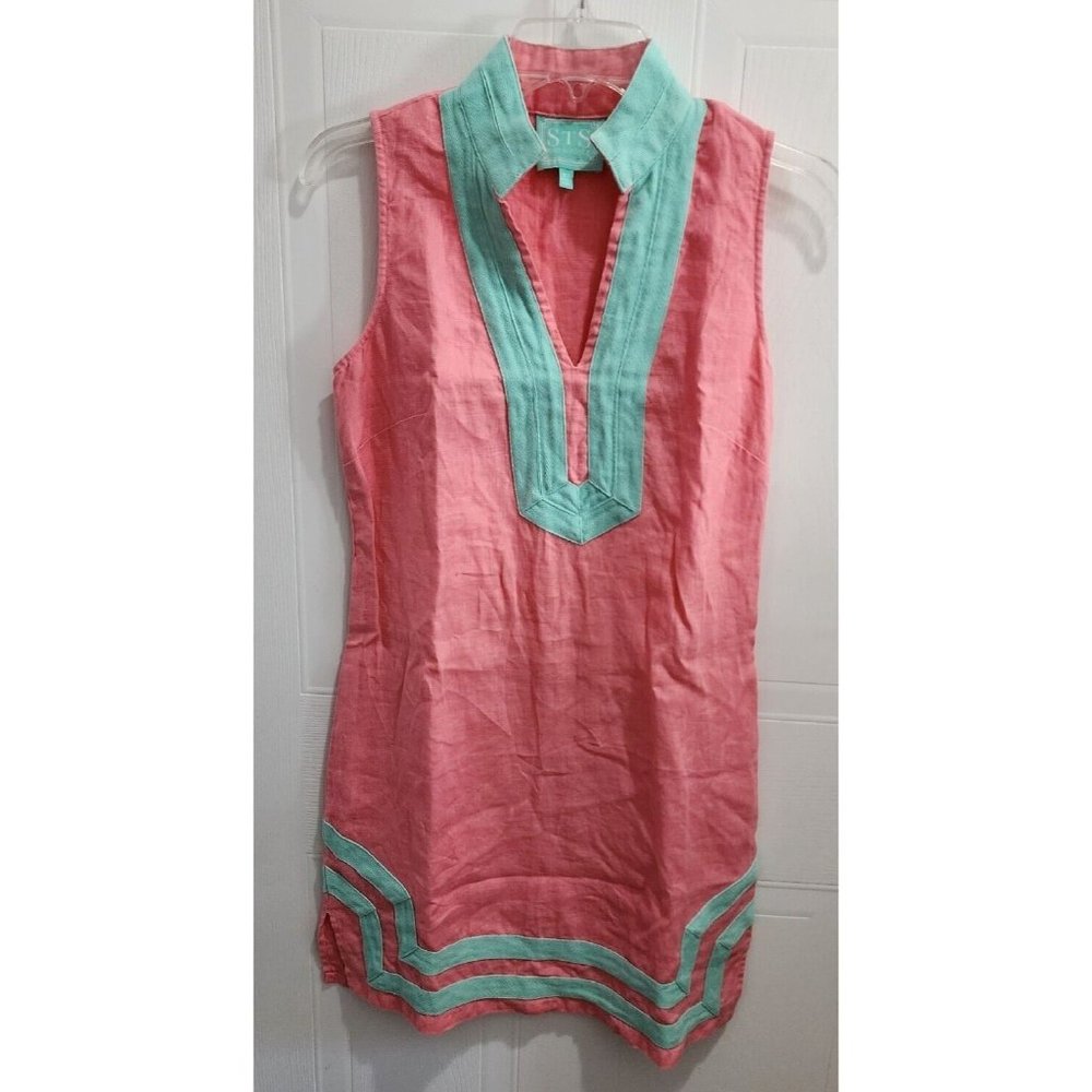 SAIL TO SABLE Sleeveless Classic Tunic Dress Pink 100% Linen Pink/Blue Size XS